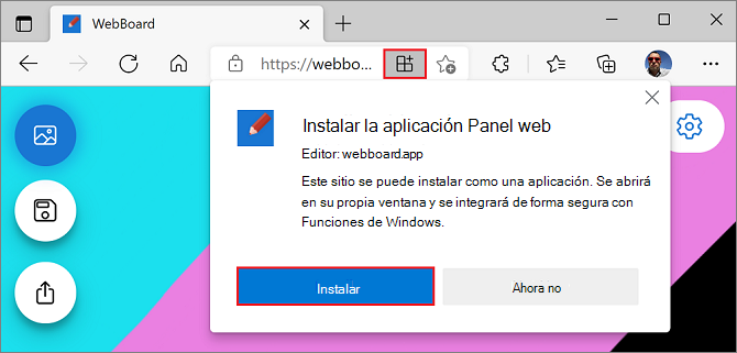 El símbolo del sistema de instalación en Microsoft Edge