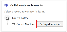 Captura de pantalla de la tarjeta Colaborar en Teams en Copilot for Sales para Outlook, con el botón Configurar sala virtual de datos resaltado