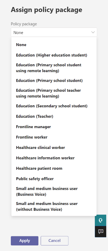 Captura de pantalla que muestra el Centro de administración de Teams para la asignación de paquetes de directivas a un usuario.