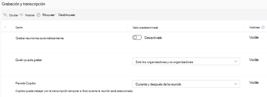 Captura de pantalla de directivas de grabación de Teams para plantillas de reunión en el Centro de administración de Teams.