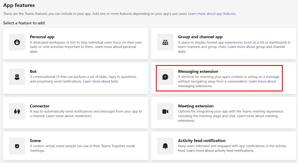 Captura de pantalla que muestra la opción de extensión de mensaje en el Portal para desarrolladores de Teams.