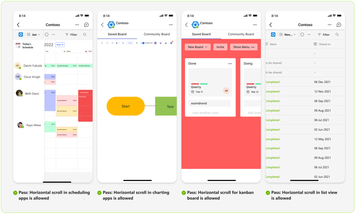 El gráfico muestra ejemplos de todos los escenarios en dispositivos móviles en los que se permite el desplazamiento horizontal.