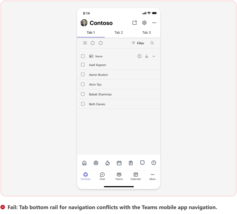 El gráfico muestra un ejemplo de una pestaña que entra en conflicto con la navegación nativa de aplicaciones móviles de Teams.