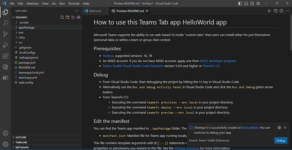 Captura de pantalla que muestra el scaffolding del proyecto en Visual Studio Code. 