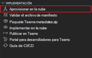 Captura de pantalla que muestra la selección de aprovisionamiento en la nube en el kit de herramientas de Teams.