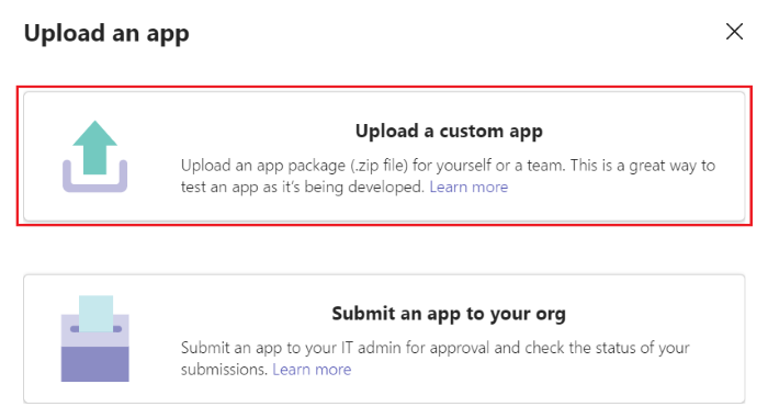 Captura de pantalla que muestra la opción para cargar una aplicación personalizada en Teams.