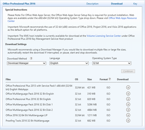 Captura de pantalla de la página de descarga de Office Professional Plus 2016, en la que se muestran instrucciones especiales y la configuración de descarga de varios archivos de instalación de Office.