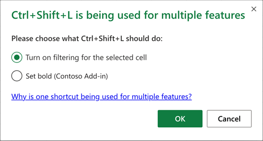 Modal de conflicto con dos acciones diferentes para un solo acceso directo.