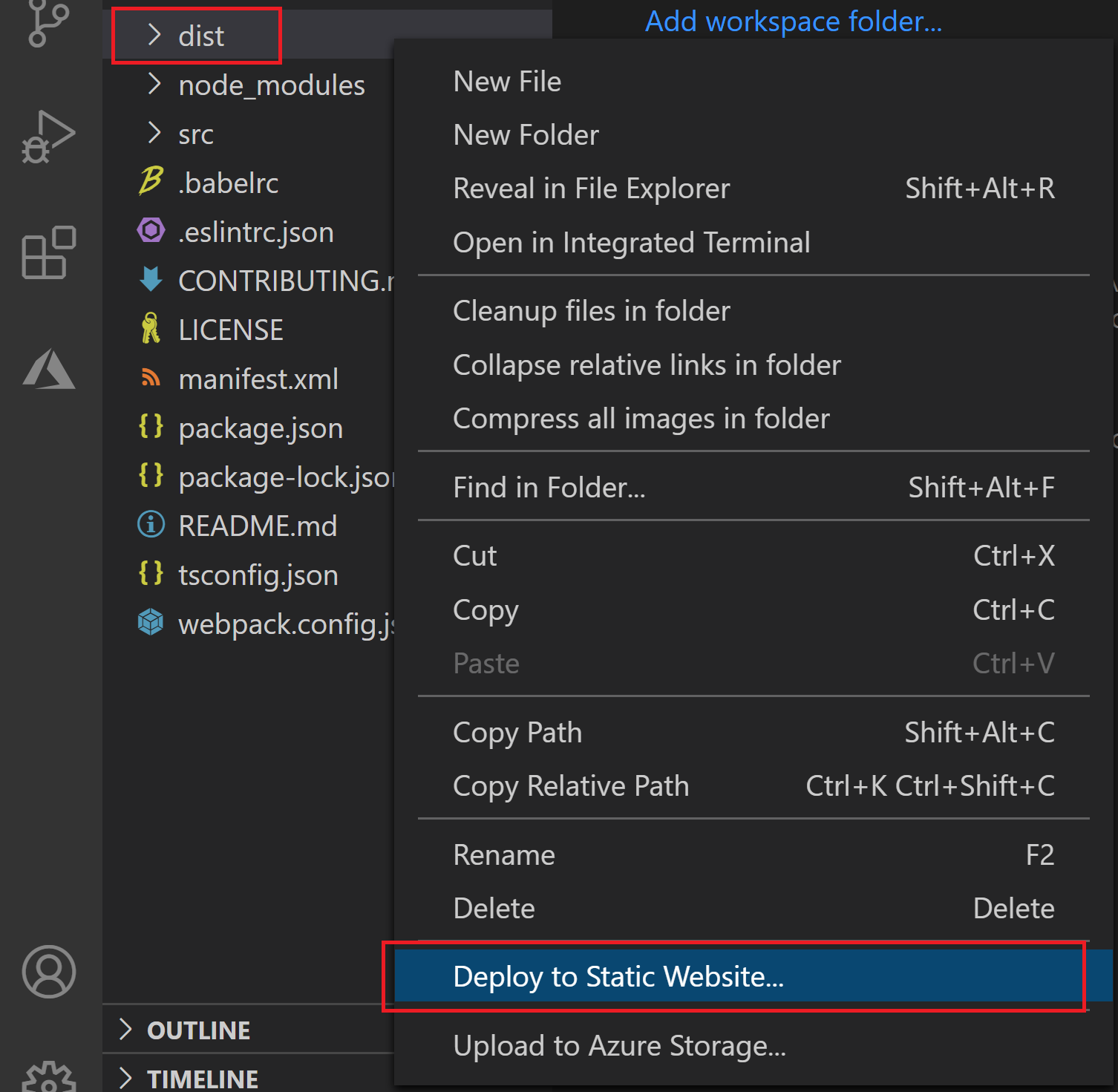 Seleccione la carpeta dist, haga clic con el botón derecho (o seleccione y mantenga presionado) y seleccione Implementar en sitio web estático a través de Azure Storage.