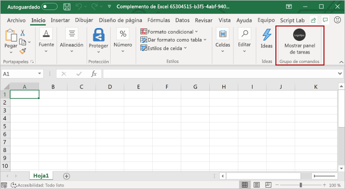 Menú de Inicio de Excel con el botón Mostrar panel de tareas resaltado.