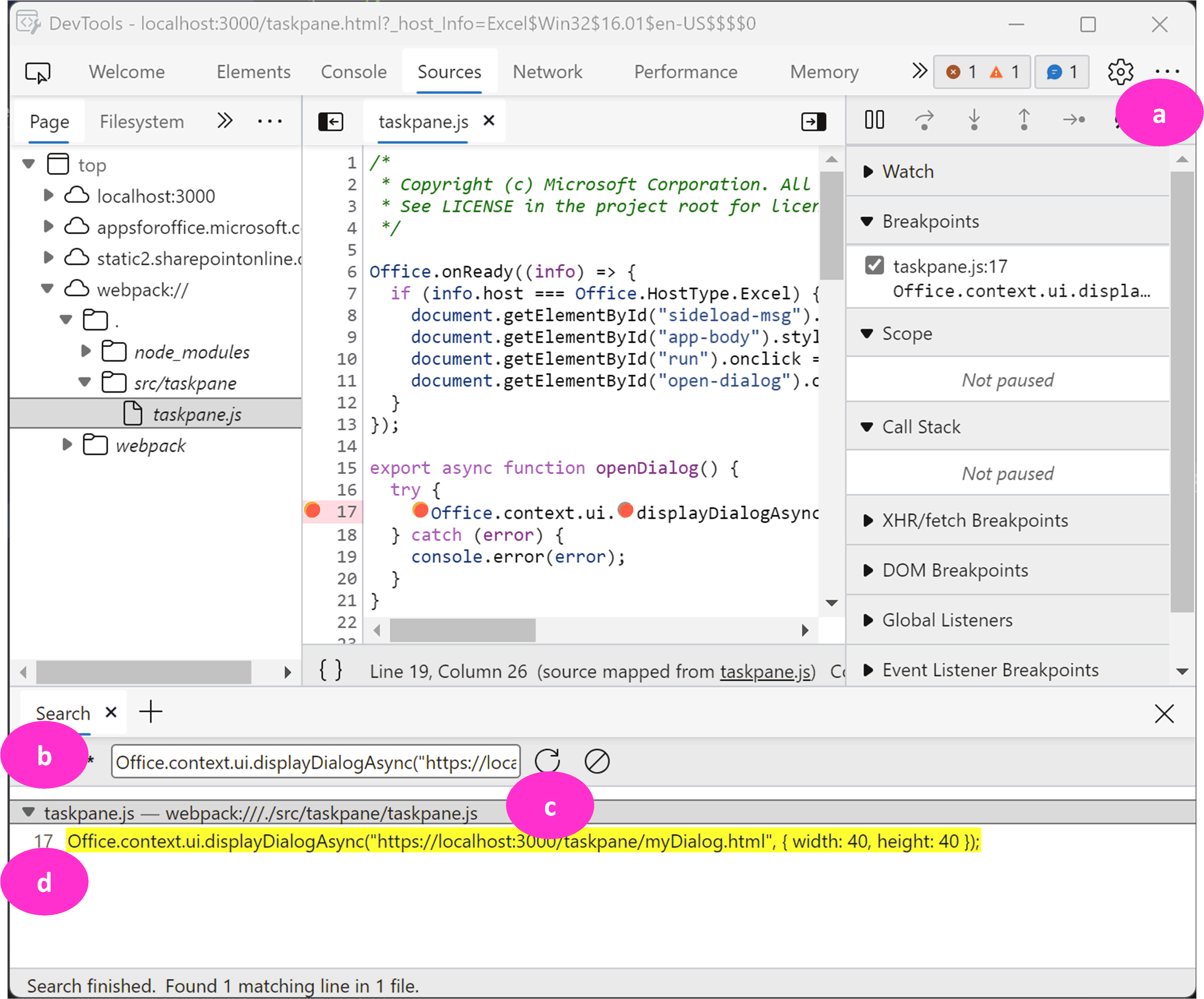 Pestaña de origen de las herramientas de desarrollo de Edge Chromium con 4 partes etiquetadas de A a D.