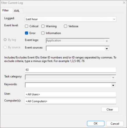 Un ejemplo de la configuración de filtro de registro actual del Visor de eventos configurada para mostrar solo los errores de Outlook con el identificador de evento 63 que se produjeron en la última hora.