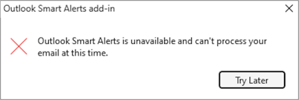 Cuadro de diálogo que alerta al usuario de que el complemento no está disponible. El usuario solo puede enviar el elemento cuando el complemento esté disponible de nuevo.