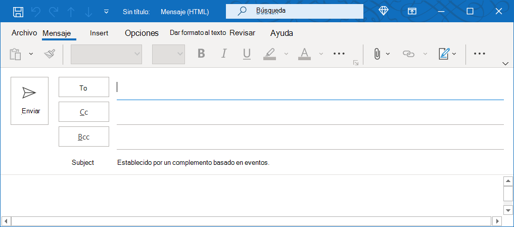 Una ventana de mensaje en Outlook clásico en Windows con el asunto establecido en compose.