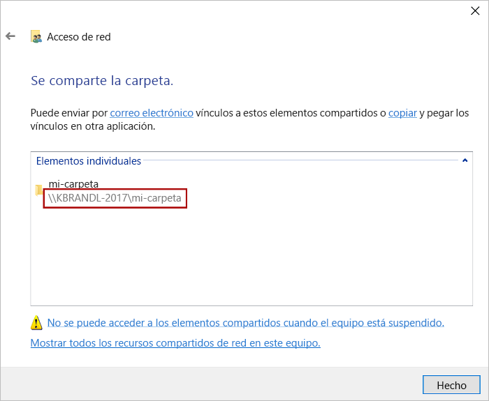 Cuadro de diálogo Acceso a la red con la ruta de acceso del recurso compartido resaltada.