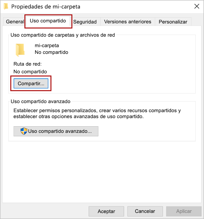 Cuadro de diálogo Propiedades de carpeta con la pestaña Compartir y el botón Compartir resaltados.