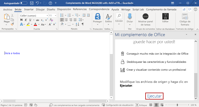 La aplicación Word con el complemento del panel de tareas cargado.