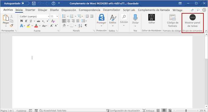 La aplicación Word con el botón Mostrar panel de tareas resaltado.