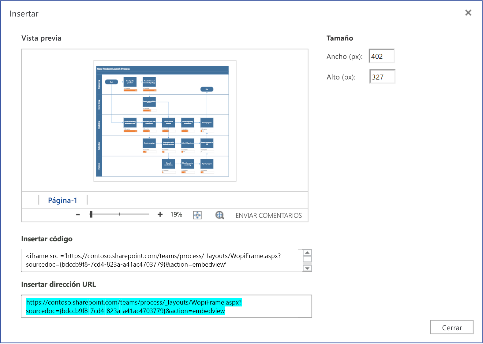 Copie la dirección URL del archivo de Visio desde el cuadro de diálogo Insertar.