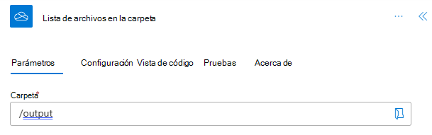 El conector OneDrive para la Empresa completado en el panel de tareas de acción.