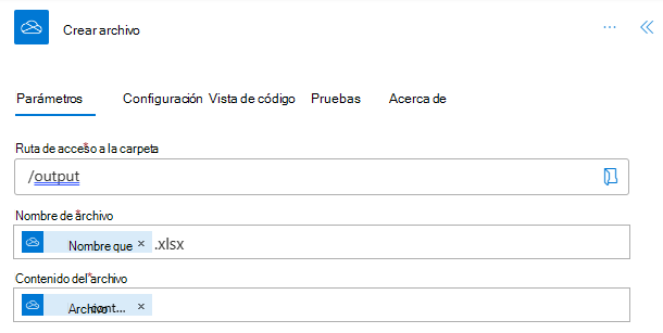 El paso Create file (Crear archivo) completado en el panel de tareas de acción.