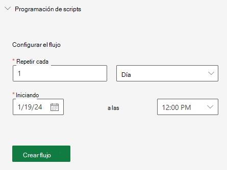 El panel de tareas Editor de código que muestra las opciones de intervalo de periodicidad para programar un script.