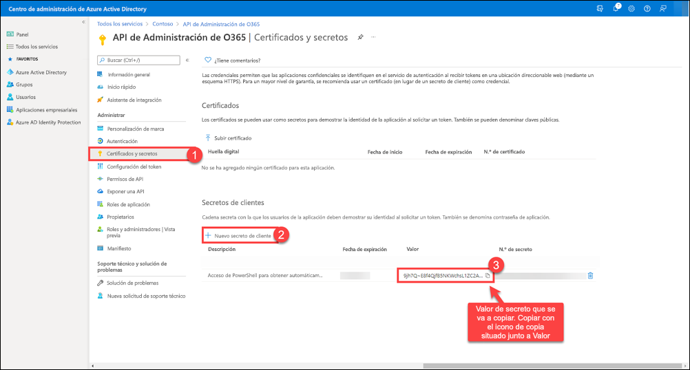 Copie el valor del secreto de cliente en el Portapapeles y guárdelo para usarlo más adelante.