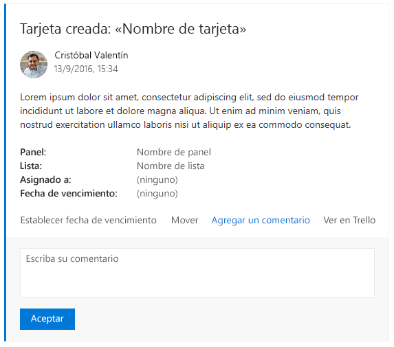 Tarjeta de Trello de ejemplo con una tarjeta de acción expandida.