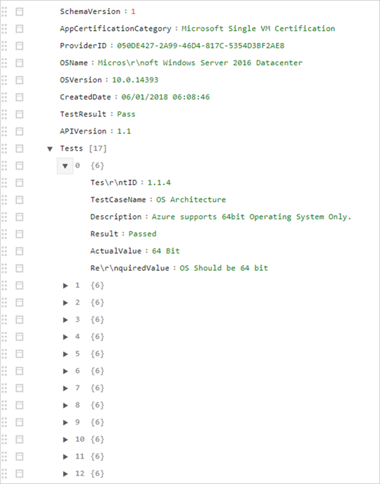 Resultados de pruebas en un visor JSON en línea.