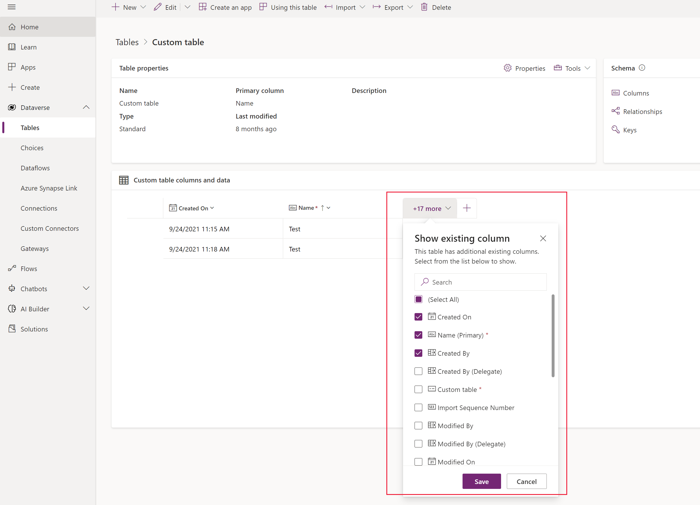 Seleccionar columnas adicionales para mostrar en la vista de columnas y datos