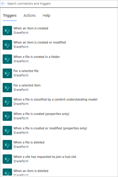 Captura de pantalla que muestra algunos desencadenadores de SharePoint, como 