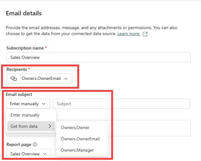 Captura de pantalla del servicio Power BI que muestra opciones de parámetros dinámicos en la ventana Detalles de Email.