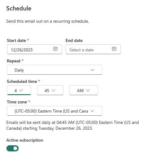 Captura de pantalla del servicio Power BI que muestra la ventana Programación.