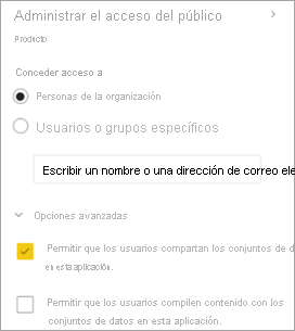 Captura de pantalla de configuración avanzada en el panel Administrar acceso de audiencia.