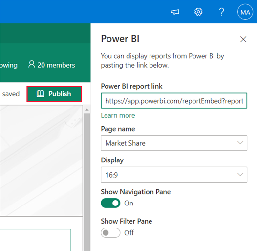 Captura de pantalla del vínculo del informe de Power BI con la opción Publicar seleccionada.