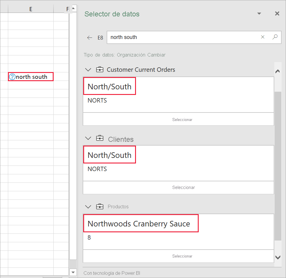 Screenshot of Excel Data Selector pane with multiple possibilities.