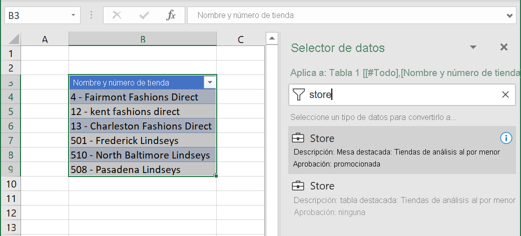 Screenshot of Excel Organizational Data, Suppliers data type table.