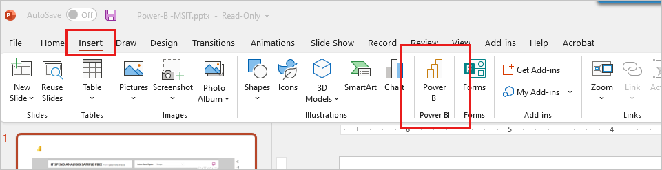 Captura de pantalla que muestra el botón del complemento de Power BI en la sección Insertar de la cinta de opciones de PowerPoint.