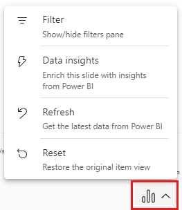 Captura de pantalla del menú de opciones de datos del complemento de Power BI para PowerPoint.