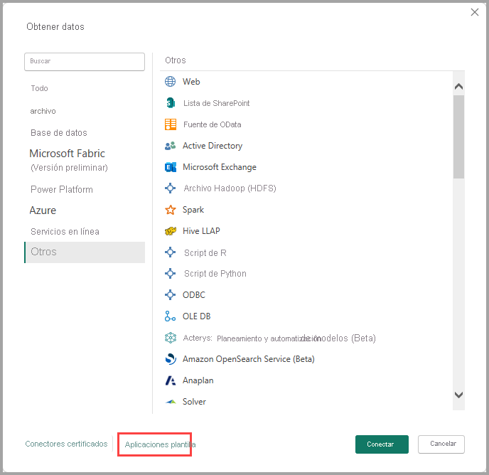 Captura de pantalla que muestra el vínculo Aplicaciones de plantilla en el cuadro de diálogo Obtener datos.