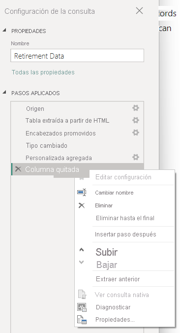 Captura de pantalla del menú contextual Pasos aplicados del Editor de Power Query.