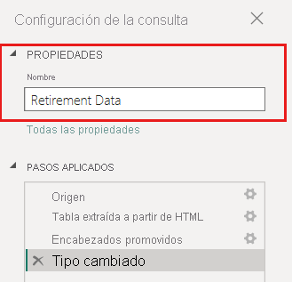 Captura de pantalla del Editor de Power Query que muestra cómo editar un nombre de tabla en Configuración de consulta.