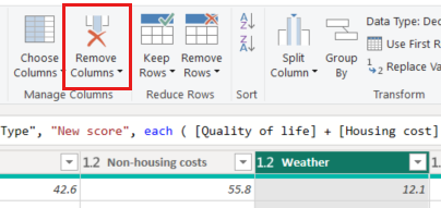 Captura de pantalla del menú Inicio del Editor de Power Query con el botón Quitar columnas resaltado.