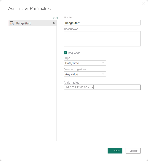 Define the Range Start parameter in the Manage Parameters dialog.