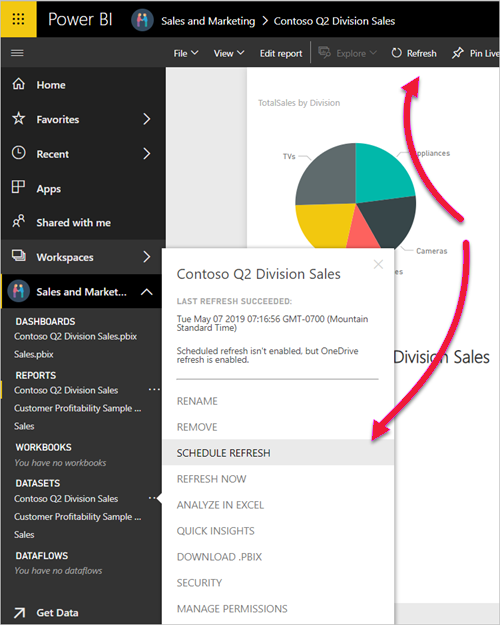 Screenshot of the semantic model in Power B I Desktop, showing the Schedule refresh selection.