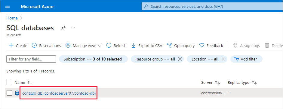 Screenshot shows the SQL databases page in the Azure portal with a database highlighted.