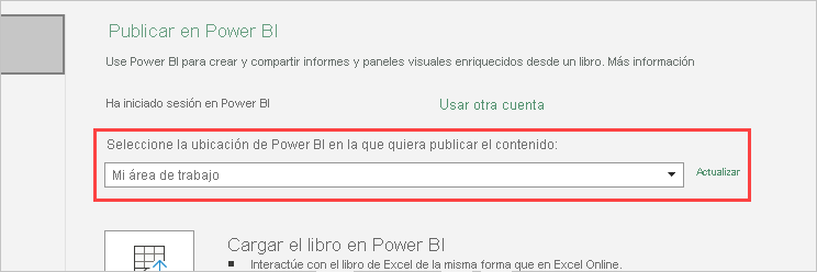 Screenshot that shows Publish to Power BI with My Workspace selected.