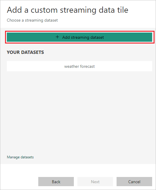 Captura de pantalla del panel, en la que se muestra el vínculo Agregar modelo semántico de streaming en el icono Agregar datos de streaming personalizados.