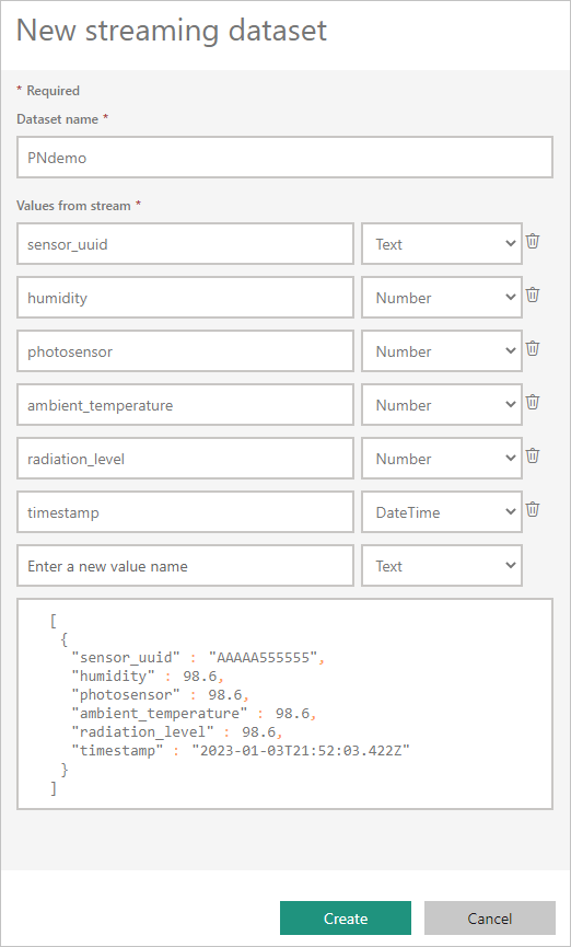 Captura de pantalla del cuadro de diálogo Nuevo modelo semántico de streaming, que muestra los valores predeterminados para el nombre del modelo semántico y los valores de los campos de secuencia.