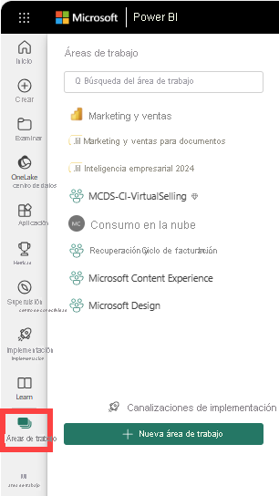 Captura de pantalla de Power BI con áreas de trabajo seleccionadas.